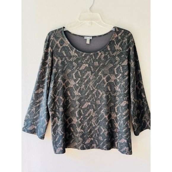 J. Jill Sz L Dark Green Stretch Top Blouse Sleeve Geometric Print Shirt Pullover - Picture 1 of 7
